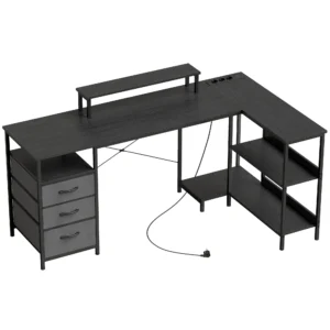 Schreibtisch In L Form, Umkehrbarer Eckschreibtisch Mit Schubladen Und Regalen, 170 Cm, Schwarz