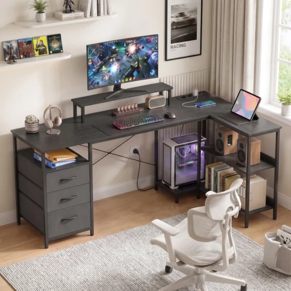 Schreibtisch In L Form, Umkehrbarer Eckschreibtisch Mit Schubladen Und Regalen, 170 Cm, Schwarz
