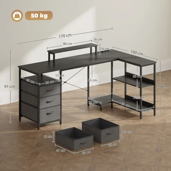 Schreibtisch In L Form, Umkehrbarer Eckschreibtisch Mit Schubladen Und Regalen, 170 Cm, Schwarz