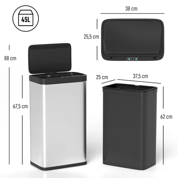 Sensor afvalbak, 45L Keukenafvalbak Met Soft close deksel, Bewegingssensor Voor Keuken, Slaapkamer, Kantoor, Zilver