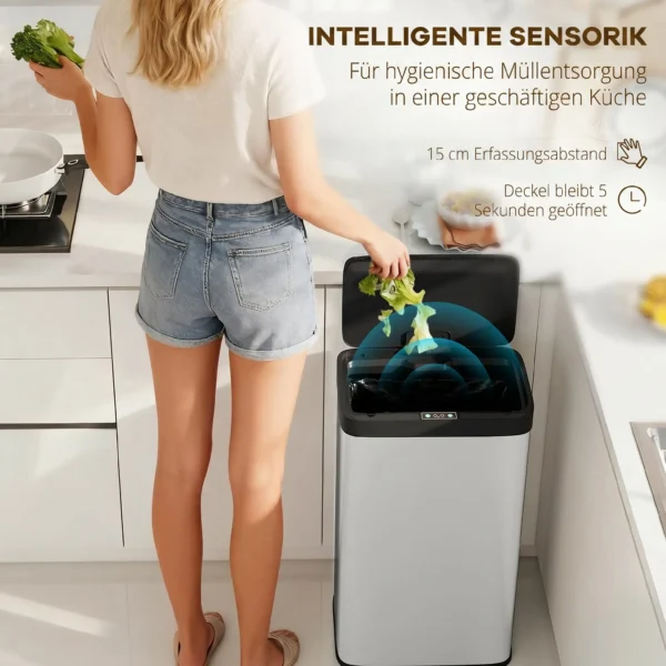 Sensor afvalbak, 45L Keukenafvalbak Met Soft close deksel, Bewegingssensor Voor Keuken, Slaapkamer, Kantoor, Zilver