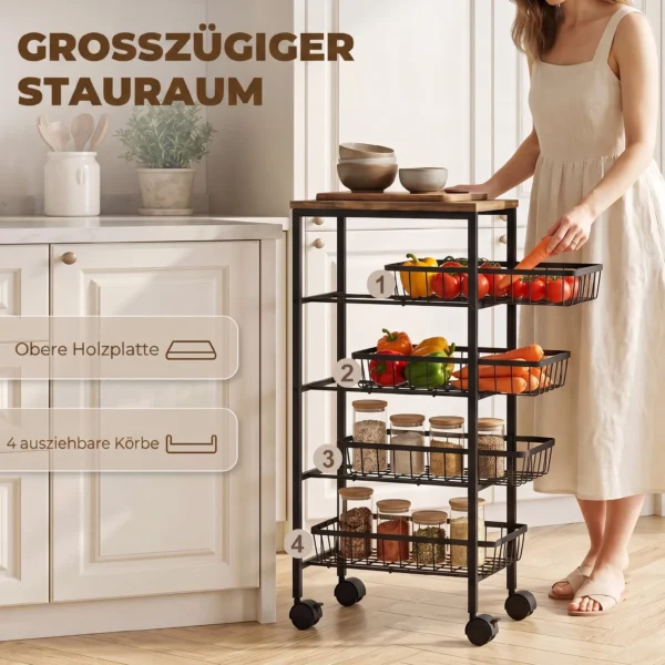 Serveerwagen Rolwagen Met 4 Verdiepingen, Keukenwagen Met 4 Uitschuifbare Manden, Opbergwagen Met Wielen Voor De Keuken