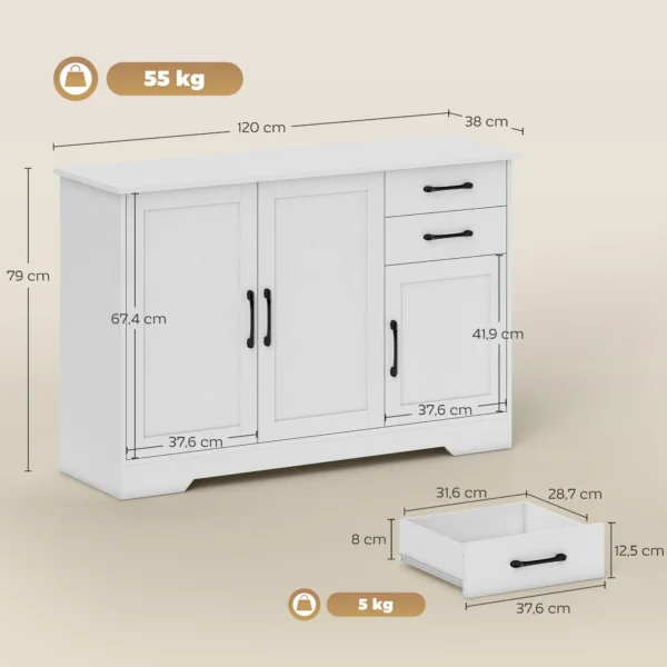Sideboard Mit 2 Schubladen, Modernem Aufbewahrungsschrank, Verstellbarem Einlegeboden Und 3 Türen, Weiß