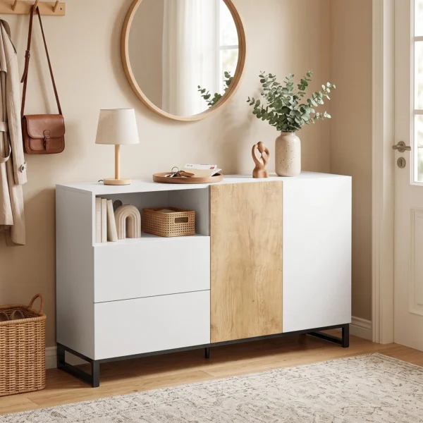 Sideboard Moderner Aufbewahrungsschrank Mit 2 Soft Close Türen Und 2 Schubladen 140x40x85 Cm, Weiß