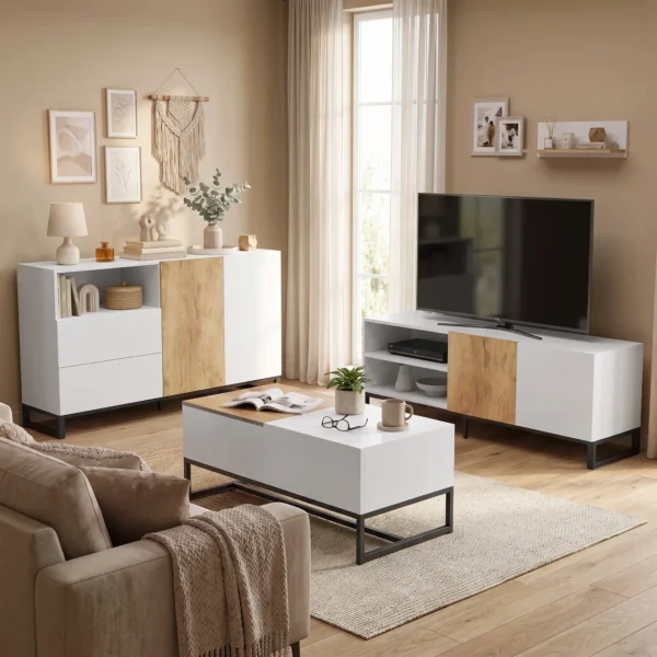 Sideboard Moderner Aufbewahrungsschrank Mit 2 Soft Close Türen Und 2 Schubladen 140x40x85 Cm, Weiß