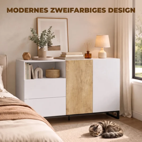 Sideboard Moderner Aufbewahrungsschrank Mit 2 Soft Close Türen Und 2 Schubladen 140x40x85 Cm, Weiß