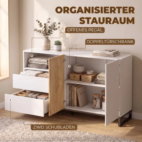 Sideboard Moderner Aufbewahrungsschrank Mit 2 Soft Close Türen Und 2 Schubladen 140x40x85 Cm, Weiß