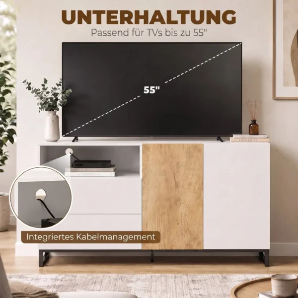 Sideboard Moderner Aufbewahrungsschrank Mit 2 Soft Close Türen Und 2 Schubladen 140x40x85 Cm, Weiß