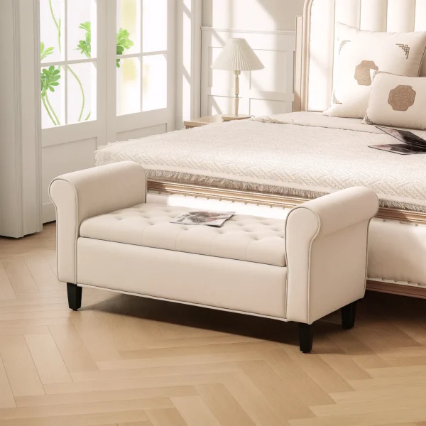 Sitzbank Im Vintage Design, Sitzbank Mit Stauraum, Samtoptik, Beige
