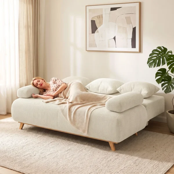 Slaapbank Met Verstelbare Rugleuning, Bedfunctie, Verborgen Opbergruimte En Corduroy Bekleding, Beige