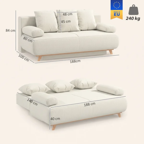 Slaapbank Met Verstelbare Rugleuning, Bedfunctie, Verborgen Opbergruimte En Corduroy Bekleding, Beige