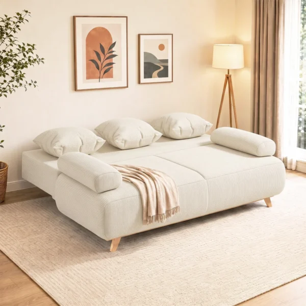 Slaapbank Met Verstelbare Rugleuning, Bedfunctie, Verborgen Opbergruimte En Corduroy Bekleding, Beige