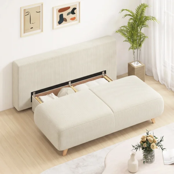 Slaapbank Met Verstelbare Rugleuning, Bedfunctie, Verborgen Opbergruimte En Corduroy Bekleding, Beige