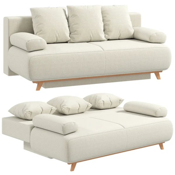 Slaapbank Met Verstelbare Rugleuning, Bedfunctie, Verborgen Opbergruimte En Corduroy Bekleding, Beige