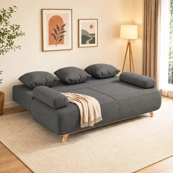 Slaapbank Met Verstelbare Rugleuning, Bedfunctie, Verborgen Opbergruimte En Corduroy Bekleding, Grijs