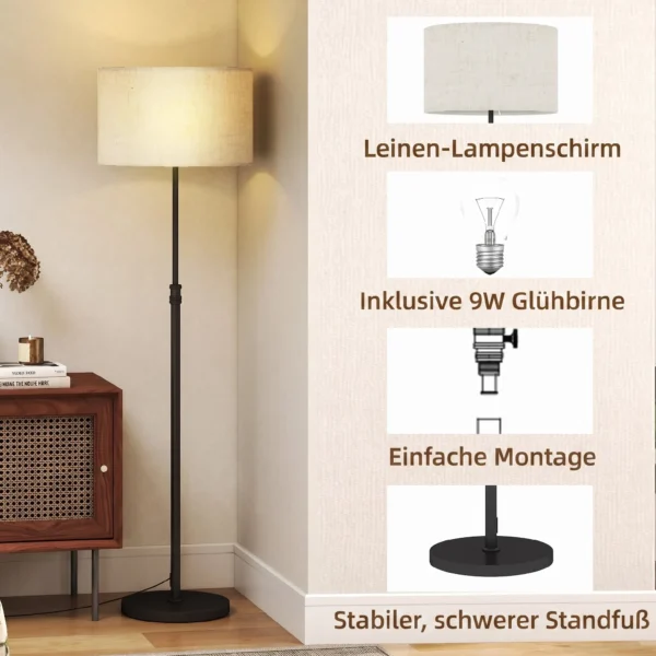 Stehlampe Mit Fernbedienung, Höhenverstellbar, Stoffschirm, Metallständer, Anpassbare Helligkeit, Fußschalter, Schwarz