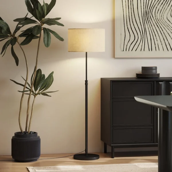 Stehlampe Mit Fernbedienung, Höhenverstellbar, Stoffschirm, Metallständer, Anpassbare Helligkeit, Fußschalter, Schwarz