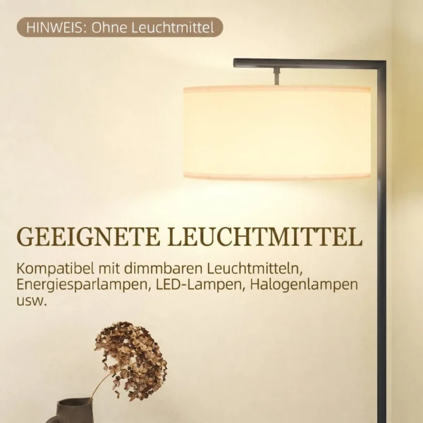 Stehleuchte, Stehlampe, E27 Sockel, Schwarz, Weißer Stoffschirm, Fußschalter, Eisen, 47 X 37 X 153 Cm