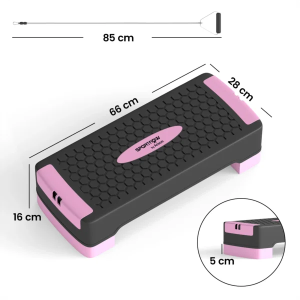 Steppbrett Höhenverstellbar Fitness Aerobic Stepper Mit 2 Stufen (11/16 Cm) 2 Widerstandsbändern, Anti Rutsch Matte Rosa