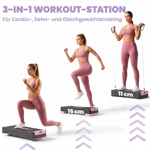 Steppbrett Höhenverstellbar Fitness Aerobic Stepper Mit 2 Stufen (11/16 Cm) 2 Widerstandsbändern, Anti Rutsch Matte Rosa