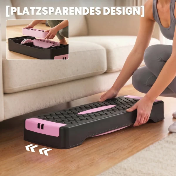 Steppbrett Höhenverstellbar Fitness Aerobic Stepper Mit 2 Stufen (11/16 Cm) 2 Widerstandsbändern, Anti Rutsch Matte Rosa