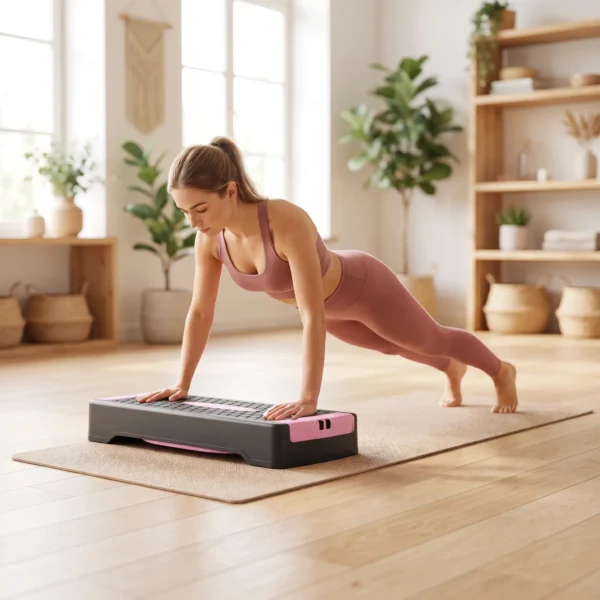 Steppbrett Höhenverstellbar Fitness Aerobic Stepper Mit 2 Stufen (11/16 Cm) 2 Widerstandsbändern, Anti Rutsch Matte Rosa