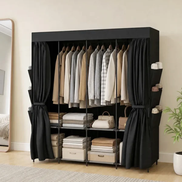 Stoff Kleiderschrank, Staubdicht, Tragbar, 5 Kleiderstangen, 170 X 45 X 167 Cm, Schwarz