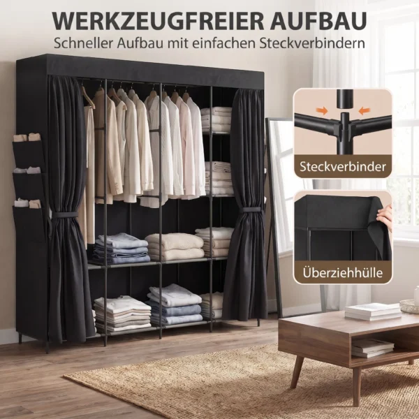 Stoff Kleiderschrank, Staubdicht, Tragbar, 5 Kleiderstangen, 170 X 45 X 167 Cm, Schwarz