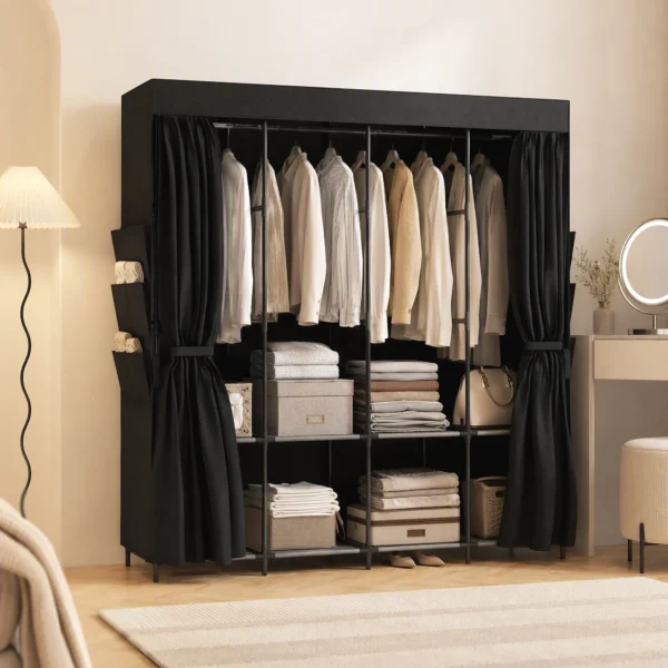 Stoff Kleiderschrank, Staubdicht, Tragbar, 5 Kleiderstangen, 170 X 45 X 167 Cm, Schwarz