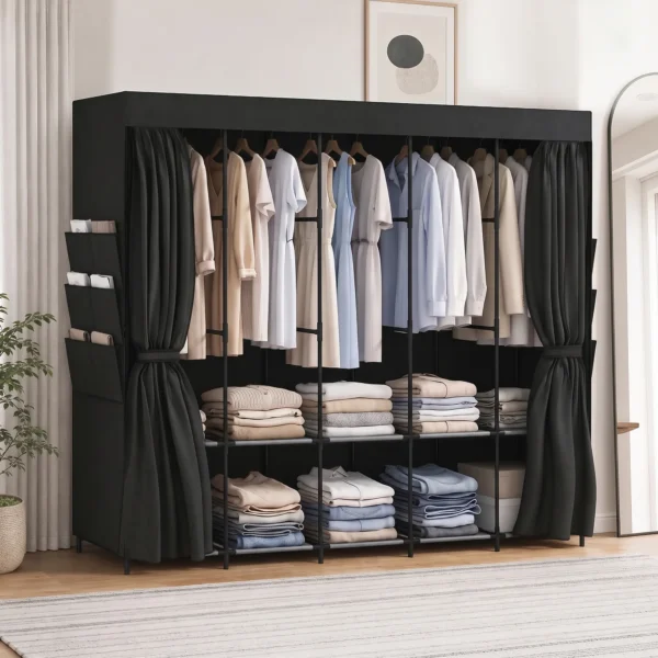 Stoff Kleiderschrank, Staubdicht, Tragbar, 5 Kleiderstangen, 212 X 45 X 167 Cm, Schwarz