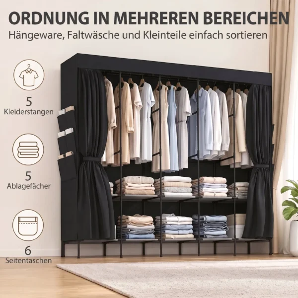 Stoff Kleiderschrank, Staubdicht, Tragbar, 5 Kleiderstangen, 212 X 45 X 167 Cm, Schwarz