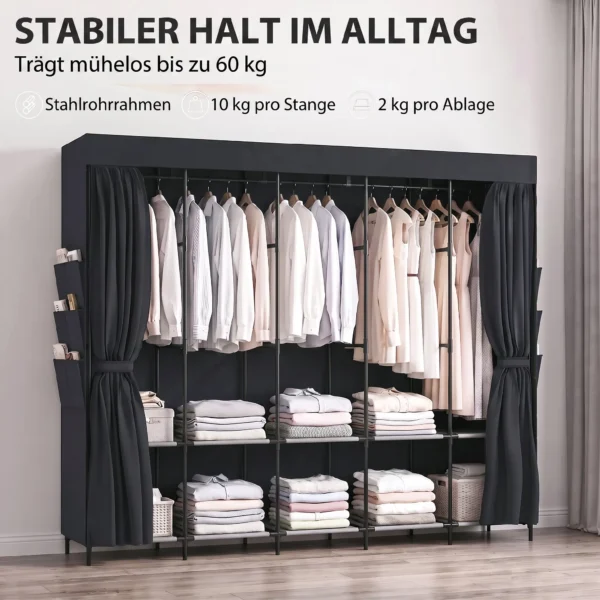 Stoff Kleiderschrank, Staubdicht, Tragbar, 5 Kleiderstangen, 212 X 45 X 167 Cm, Schwarz