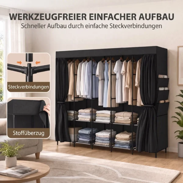 Stoff Kleiderschrank, Staubdicht, Tragbar, 5 Kleiderstangen, 212 X 45 X 167 Cm, Schwarz