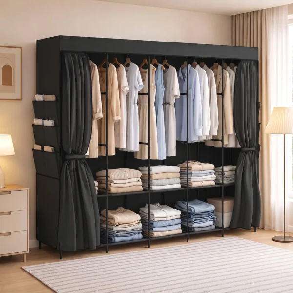 Stoff Kleiderschrank, Staubdicht, Tragbar, 5 Kleiderstangen, 212 X 45 X 167 Cm, Schwarz