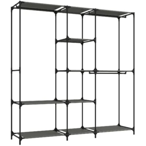 Textil Kleiderschrank, Tragbar, Werkzeuglos, Mit 3 Kleiderstangen Und 5 Ablagen, 182 X 43 X 182 Cm, Schwarz