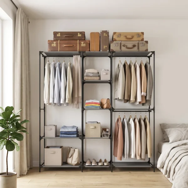 Textil Kleiderschrank, Tragbar, Werkzeuglos, Mit 3 Kleiderstangen Und 5 Ablagen, 182 X 43 X 182 Cm, Schwarz