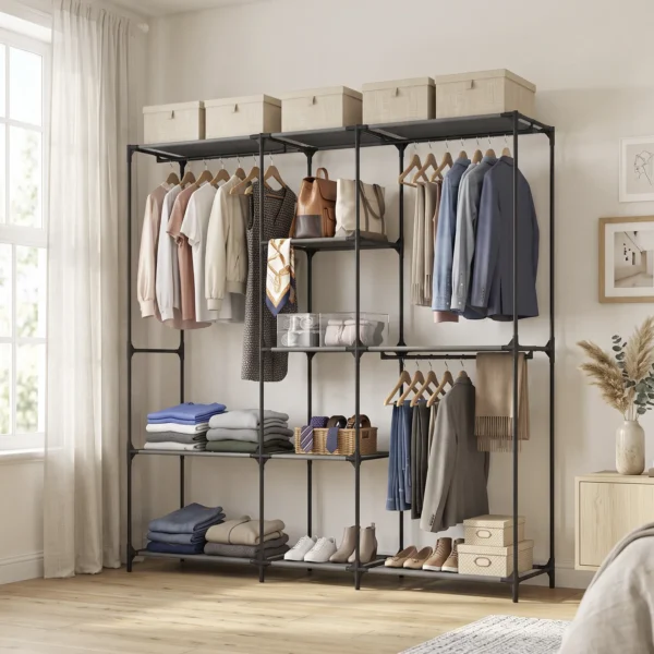 Textil Kleiderschrank, Tragbar, Werkzeuglos, Mit 3 Kleiderstangen Und 5 Ablagen, 182 X 43 X 182 Cm, Schwarz