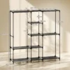 Textil Kleiderschrank, Tragbar, Werkzeuglos, Mit 3 Kleiderstangen Und 5 Ablagen, 182 X 43 X 182 Cm, Schwarz