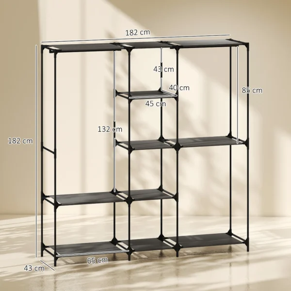 Textil Kleiderschrank, Tragbar, Werkzeuglos, Mit 3 Kleiderstangen Und 5 Ablagen, 182 X 43 X 182 Cm, Schwarz