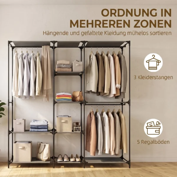 Textil Kleiderschrank, Tragbar, Werkzeuglos, Mit 3 Kleiderstangen Und 5 Ablagen, 182 X 43 X 182 Cm, Schwarz