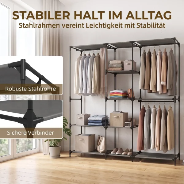 Textil Kleiderschrank, Tragbar, Werkzeuglos, Mit 3 Kleiderstangen Und 5 Ablagen, 182 X 43 X 182 Cm, Schwarz