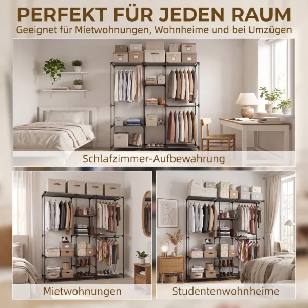 Textil Kleiderschrank, Tragbar, Werkzeuglos, Mit 3 Kleiderstangen Und 5 Ablagen, 182 X 43 X 182 Cm, Schwarz