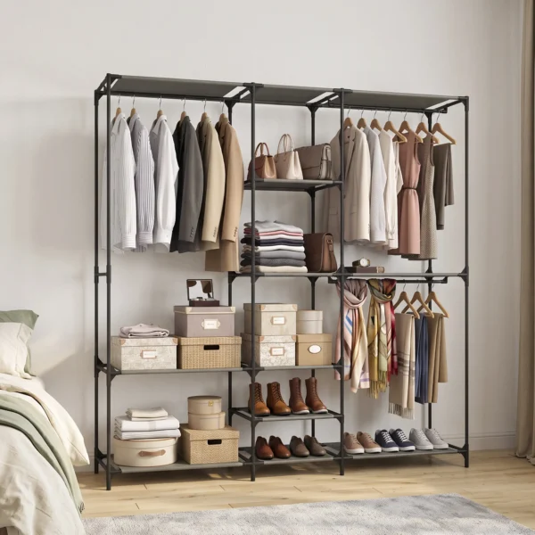 Textil Kleiderschrank, Tragbar, Werkzeuglos, Mit 3 Kleiderstangen Und 5 Ablagen, 182 X 43 X 182 Cm, Schwarz