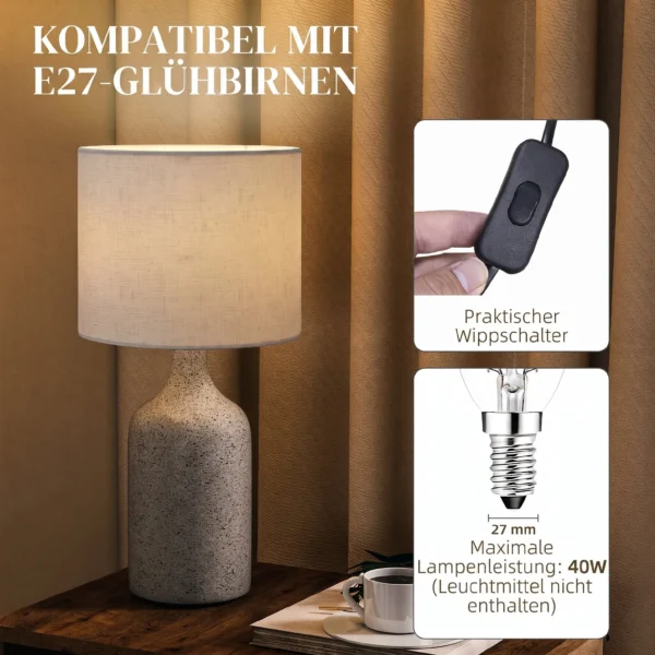 Tischlampe Tischleuchte, Nachttischlampe Schreibtischlampe Mit Keramiksockel, Leinenschirm, 22x22x45 Cm Sandfarben+Beige