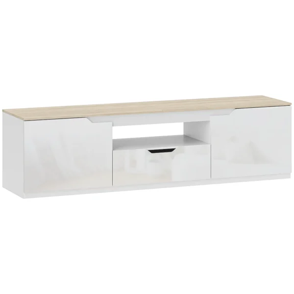 TV Lowboard, Hochglanz, Für Fernseher Bis 65'', 3 Fächer, Schublade, 160 X 38 X 43 Cm, Naturholz