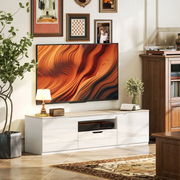 TV Lowboard, Hochglanz, Für Fernseher Bis 65'', 3 Fächer, Schublade, 160 X 38 X 43 Cm, Naturholz