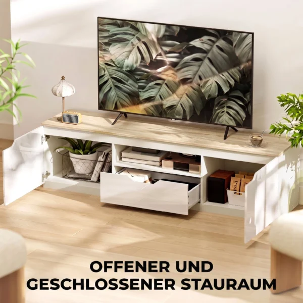 TV Lowboard, Hochglanz, Für Fernseher Bis 65'', 3 Fächer, Schublade, 160 X 38 X 43 Cm, Naturholz