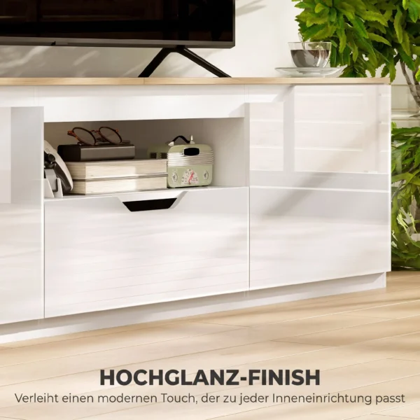 TV Lowboard, Hochglanz, Für Fernseher Bis 65'', 3 Fächer, Schublade, 160 X 38 X 43 Cm, Naturholz