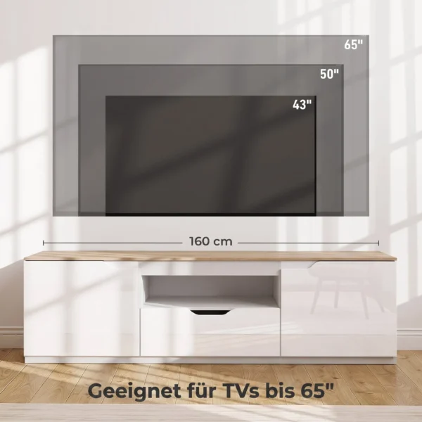 TV Lowboard, Hochglanz, Für Fernseher Bis 65'', 3 Fächer, Schublade, 160 X 38 X 43 Cm, Naturholz