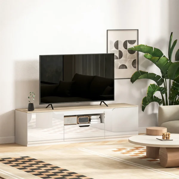 TV Lowboard, Hochglanz, Für Fernseher Bis 65'', 3 Fächer, Schublade, 160 X 38 X 43 Cm, Naturholz